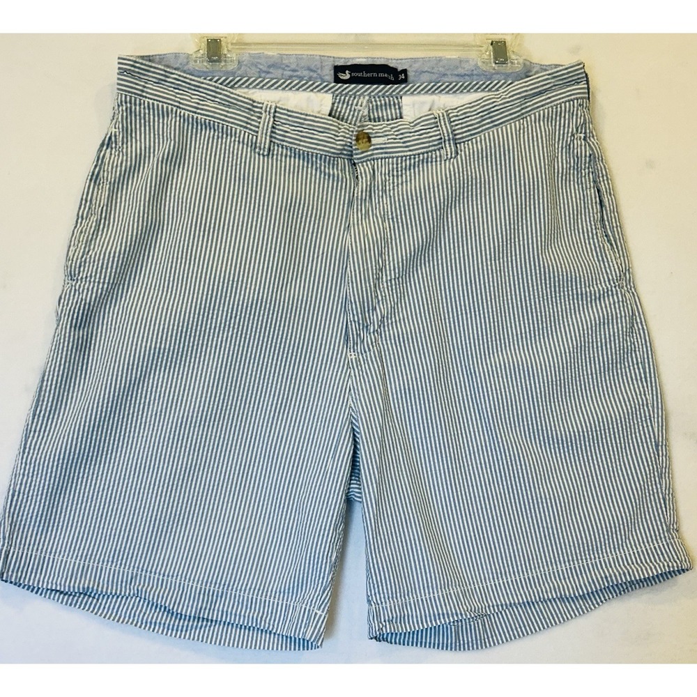 Southern Marsh Mens Blue/White Striped Seersucker Size 34 Flat Front Inseam 7"